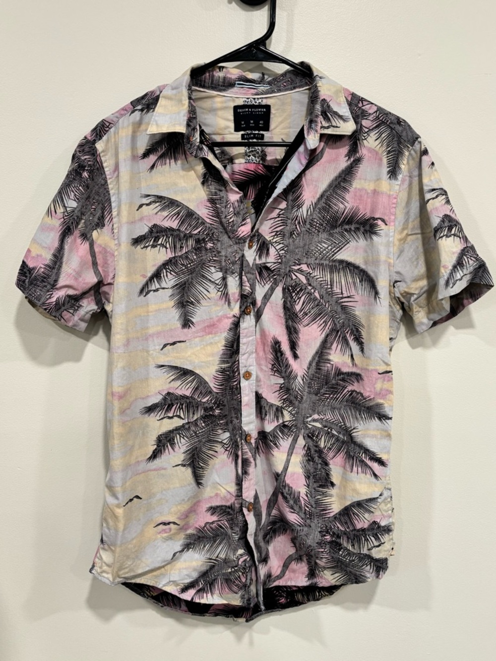 Denim & Flower Pink and Beige Palm Print Short Sleeve Button-Down Slim Fit